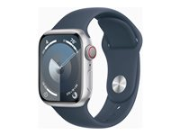 Apple Watch Series 9 (GPS + Cellular) - 41 mm - sølvaluminium - smartklokke med sportsbånd - fluorelastomer - stormblå - båndbredde: M/L - 64 GB - Wi-Fi, Bluetooth, UWB, LTE - 4G - 32.1 g MRHW3DH/A